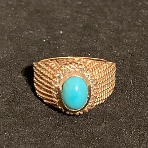 8 gram 14 kyg Morenci Turquoise Hand Scrolled Ring with Rose Cut Diamonds